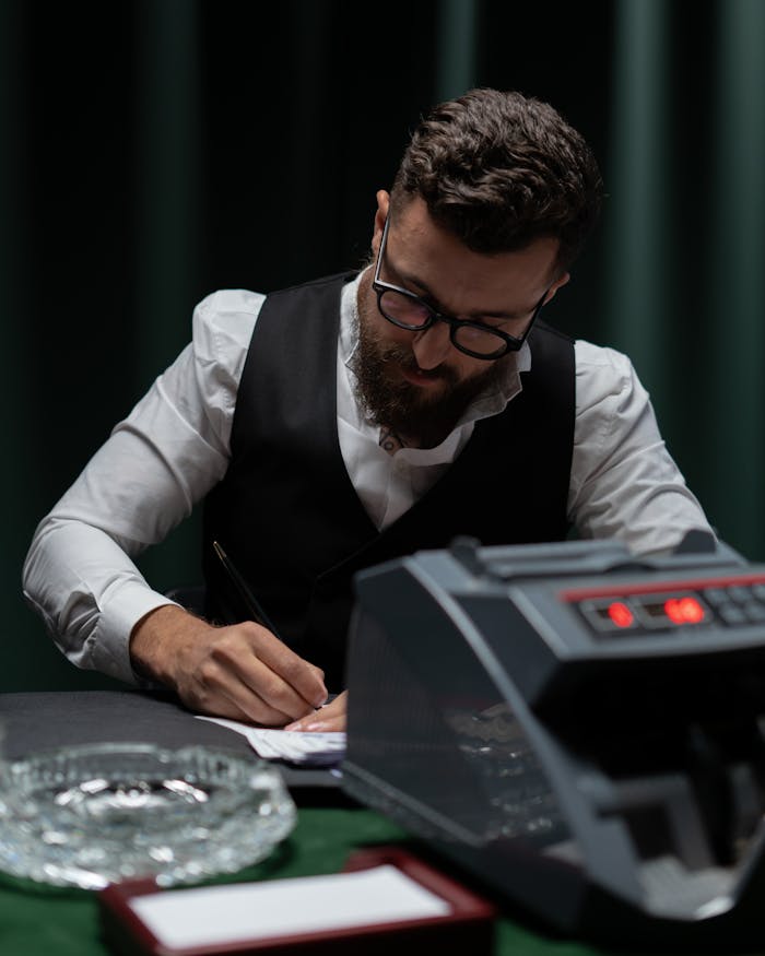 Croupier counting cash at a casino, wearing a suit and glasses.